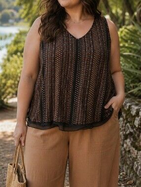 Penningtons Plus Size Boho Sleeveless Blouse Brown Orange Printed Flowy Tunic